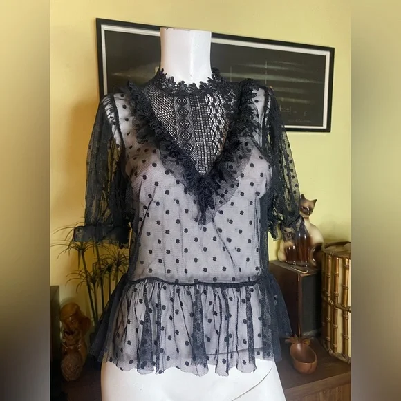 Ladies Blashe gothic lace ruffle polka dot vamp blouse Victorian sheer top - Picture 3 of 7